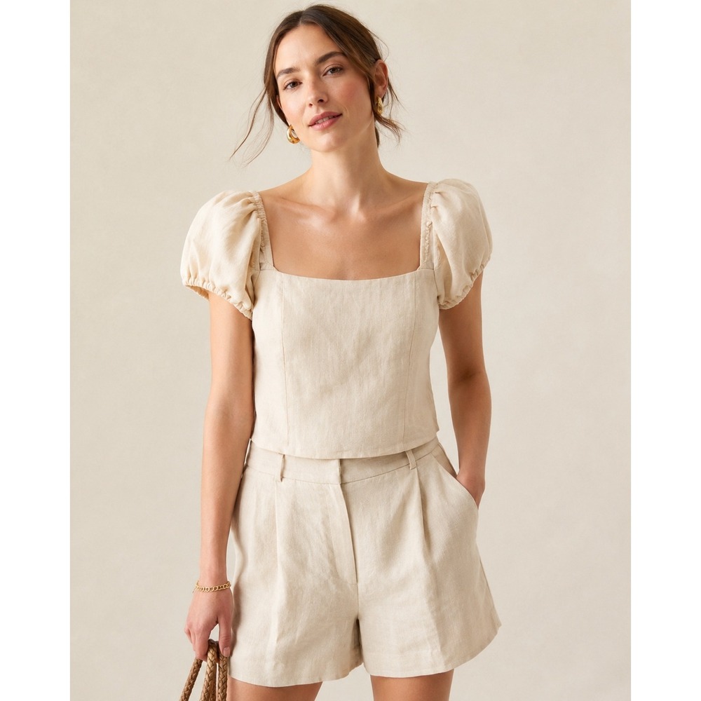 J.Crew Squareneck Linen-Cupro Blend Puff Sleeve Top Beige XXL BI493
